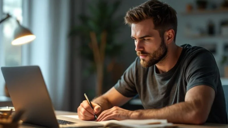 Mann lernt am Laptop für den Wirtschaftsfachwirt in einem hellen Arbeitszimmer